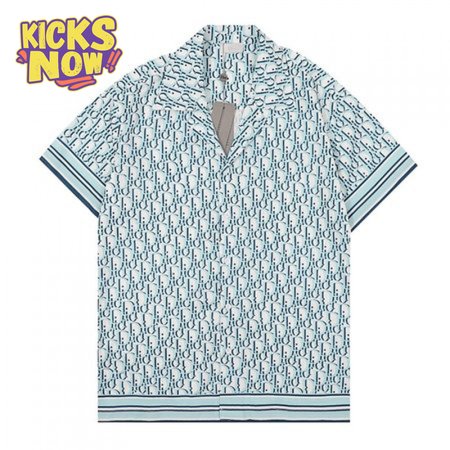 Dior Homme Blue And White Colorblock Print Men's Short-Sleeved Shirt