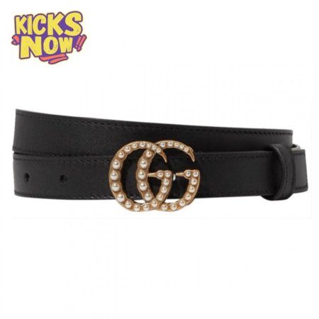 GUCCI BLACK FAUX PEARL-EMBELLISHED LEATHER BELT - B44