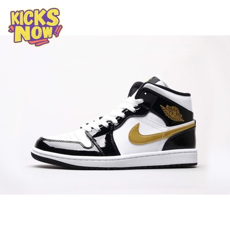 Air Jordan 1 Mid Patent Black White Gold Unisex