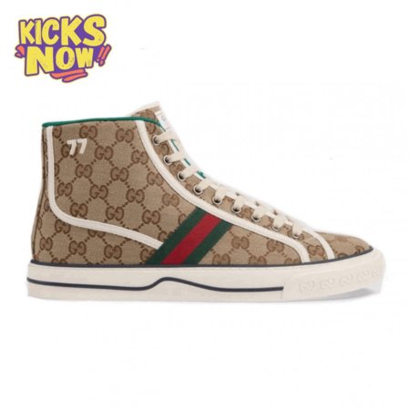 GUCCI TENNIS 1977 HIGH-TOP SNEAKERS IN BEIGE AND EBONY GG CANVAS - GC100